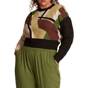 11 HONORE Plus Alexis Geometric Print Wool blend cropped earth tones Sweater